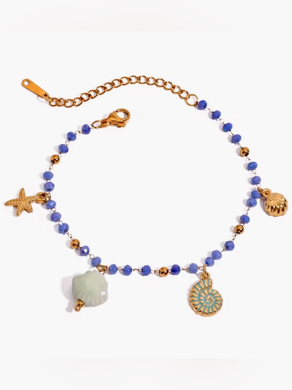 Gold Beaded Charm Bracelet with Blue Beads and Shell Charms